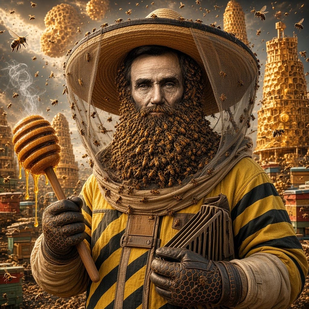 The roast: a beekeeper calmly wearing a full beard made of bees